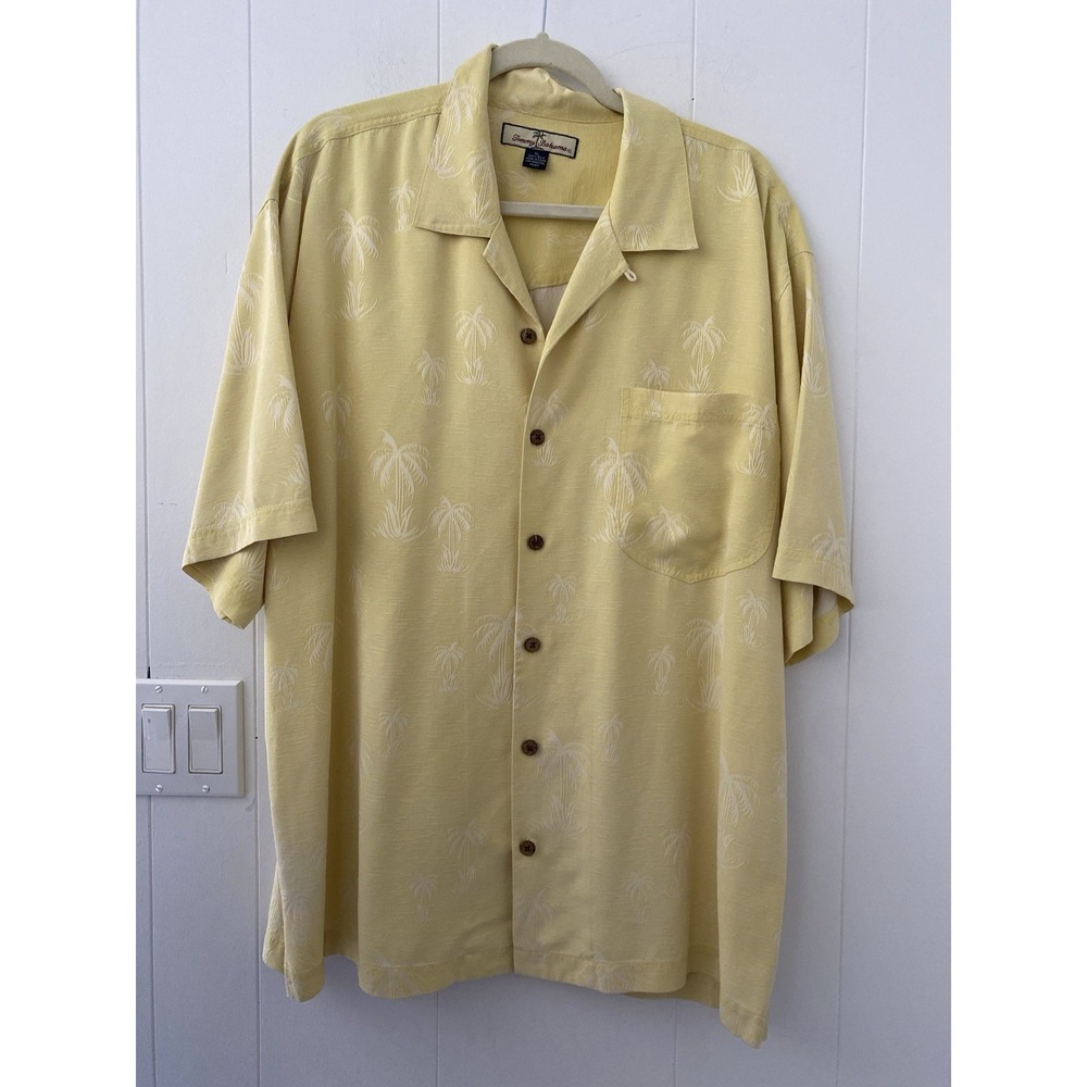 Tommy Bahama XL Mens Silk Camp Shirt Yellow Palm Tree Jacquard